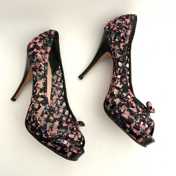 Aldo Pumps Beira Lattice Peep-toe Heels Black Floral 38 - Picture 5 of 12